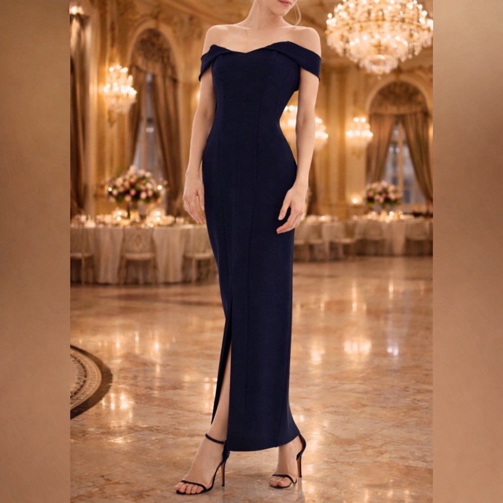 TOPSHOP CREPE BARDOT NAVY MAXI DRESS – OFF SHOULDER BOW BACK FORMAL GOWN